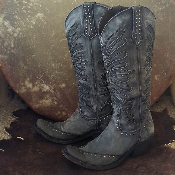 LIBERTY Black LB711510 tall "Graffito Vintage" distressed cowgirl boots sz 8.5 - Picture 7 of 16